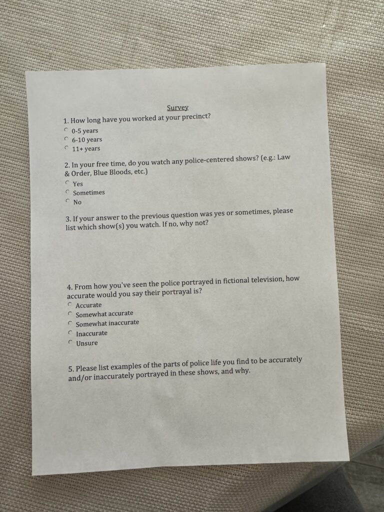 The survey I have given out to the police officers. Contains questions asking about their opinions on police portrayal in fictional cop media.